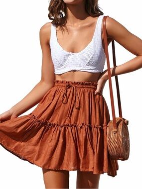 Relipop Flared Tiered Drawstring Mini Skirt in Rust | Size Medium